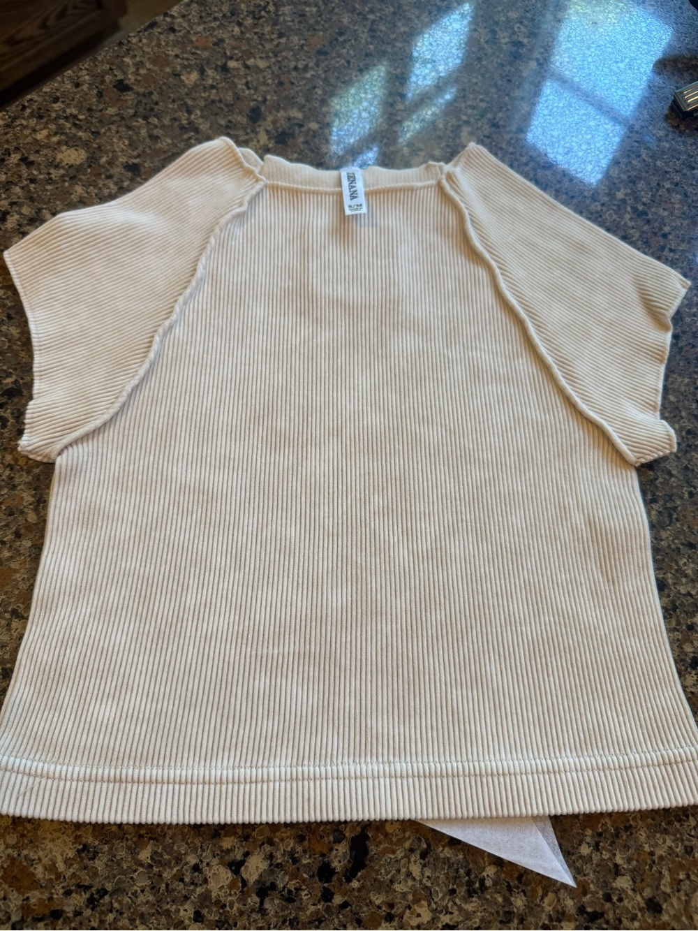 Zenana Ribbed Cream Short Sleeve Knit Top
